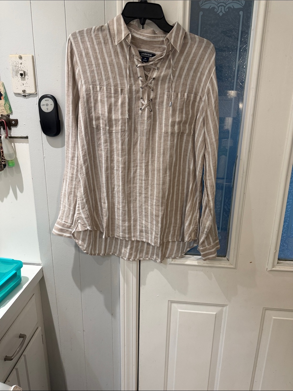 Lands' End Taupe and White Striped Lace-Up Button Down Shirt